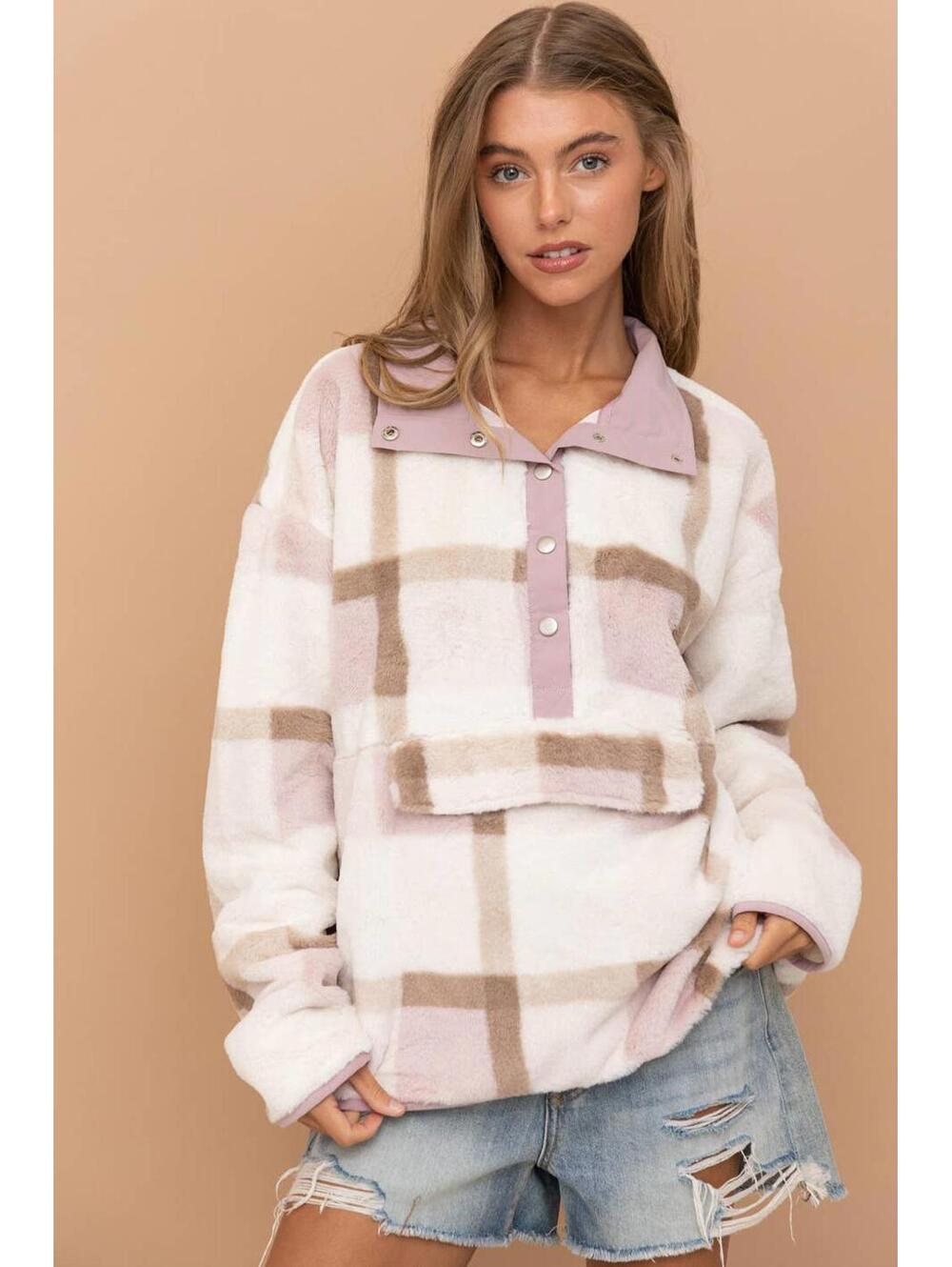 Soft Fur Plaid Button Up Pocket Front Pullover (SO SOFT) [COPY]